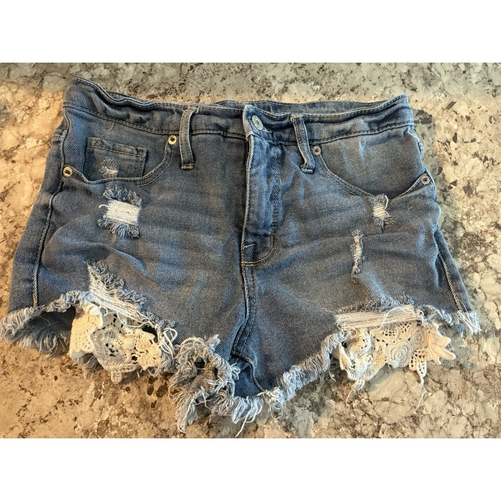 Vintage Y2k Mossimo High Rise Crochet Distress Denim Jean Booty Shorts Sz 4